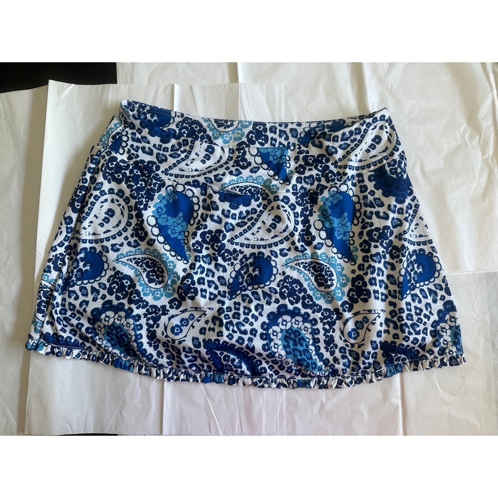 Gottex Blue White Paisley Leopard Print Active Skort Ruffle Hem XL